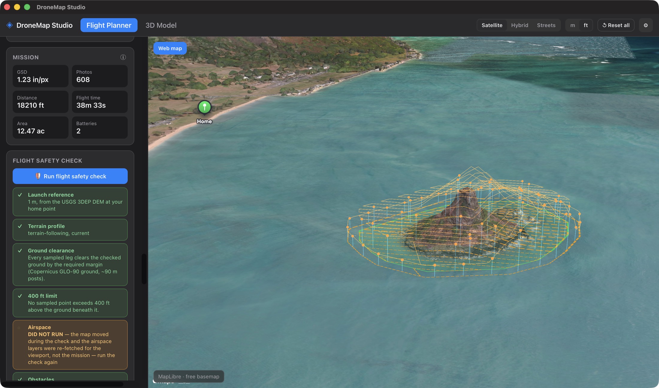 Live capture of the app: a top-down ring pass around Mokoliʻi on the Apple 3D map, home point on the beach, with the flight safety check panel attached