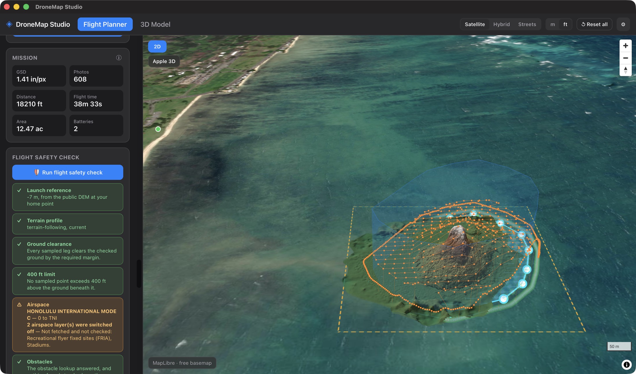 Live capture of the app: a terrain-following waypoint lattice draped over Mokoliʻi in the 3D view, with every flight safety check verdict green