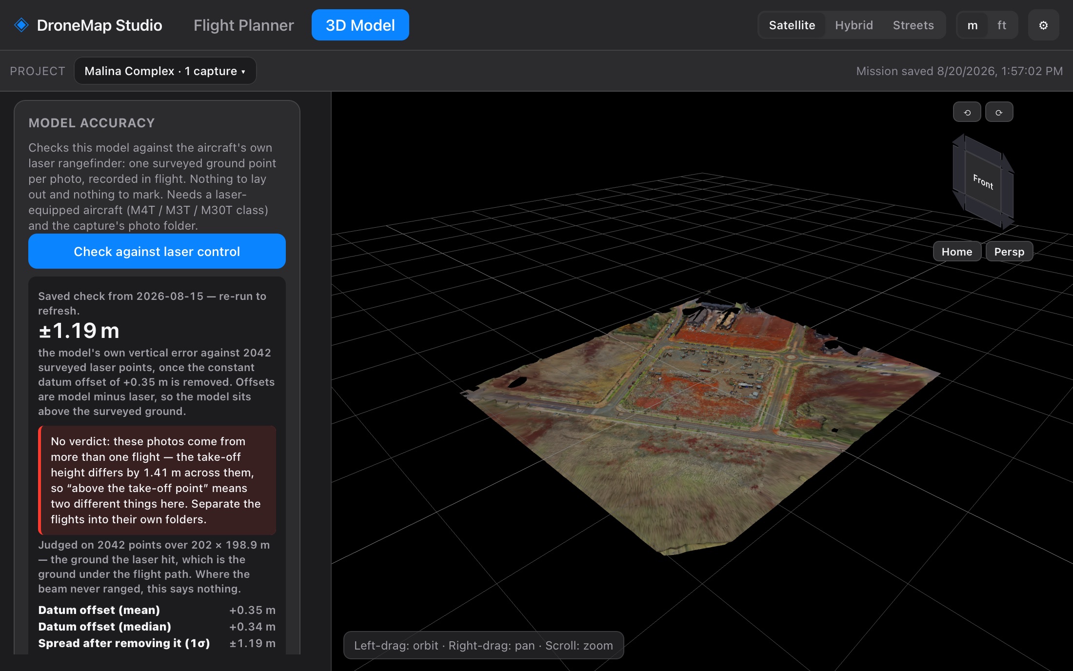 Malina Complex model in the viewer beside the Model Accuracy panel, which reports plus or minus 1.19 metres against 2,042 laser control points and refuses a verdict because the photos span two flights