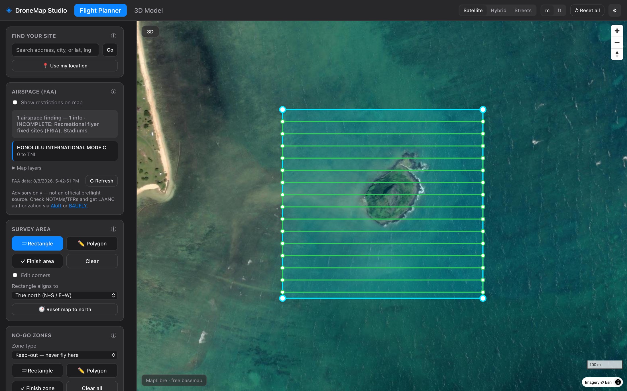 DroneMap Studio planner: survey grid over Mokoliʻi island with a Honolulu Mode C airspace finding